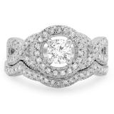 1.00 Carat (ctw) 18K White Gold Round Cut Diamond Ladies Swirl Bridal Halo Engagement Ring With Matching Band Set 1 CT