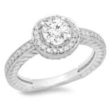 1.00 Carat (ctw) 14K White Gold Round Cut Diamond Ladies Bridal Vintage Halo Style Engagement Ring 1 CT