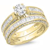 3.25 Carat (ctw) 14K Yellow Gold Princess & Round Diamond Ladies Bridal Engagement Ring Set With Matching Band