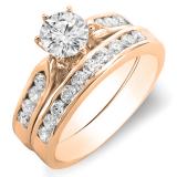 1.40 Carat (ctw) 10K Rose Gold Round Diamond Ladies Bridal Engagement Ring Set With Matching Band