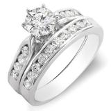 1.40 Carat (ctw) 14K White Gold Round Diamond Ladies Bridal Engagement Ring Set With Matching Band