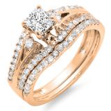 1.40 Carat (ctw) 10K Rose Gold Princess & Round Diamond Ladies Ring Engagement Bridal Wedding Band Set
