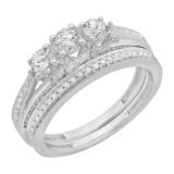 1.00 Carat (ctw) 18K White Gold Round Cut Diamond Ladies Bridal 3 Stone Engagement Ring With Matching Band Set 1 CT