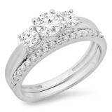 1.00 Carat (ctw) 18K White Gold Round Cut Diamond Ladies Bridal 3 Stone Engagement Ring Matching Band Set 1 CT