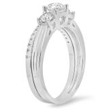 1.00 Carat (ctw) 18K White Gold Round Cut Diamond Ladies Bridal 3 Stone Engagement Ring Matching Band Set 1 CT
