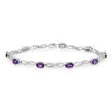 3.59 Carat (ctw) Sterling Silver Real Oval Cut Genuine Amethyst & Round White Diamond Ladies Link Bracelet
