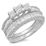 2.30 Carat (ctw) 14K White Gold Princess & Round Cut Diamond Ladies Bridal 3 Stone Engagement Ring With Matching Band Set 2 1/3 CT