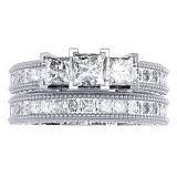 2.30 Carat (ctw) 14K White Gold Princess & Round Cut Diamond Ladies Bridal 3 Stone Engagement Ring With Matching Band Set 2 1/3 CT