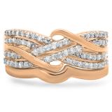 0.35 Carat (ctw) 10K Rose Gold Round White Diamond Ladies Swirl Crossover Bridal Wedding Band With Plain Contour Wedding Band Set 1/3 CT