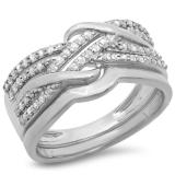 0.35 Carat (ctw) 10K White Gold Round White Diamond Ladies Swirl Crossover Bridal Wedding Band With Plain Contour Wedding Band Set 1/3 CT