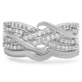 0.35 Carat (ctw) 10K White Gold Round White Diamond Ladies Swirl Crossover Bridal Wedding Band With Plain Contour Wedding Band Set 1/3 CT