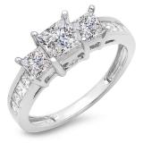 2.00 Carat (ctw) 14k White Gold Princess & Round Diamond Ladies Bridal 3 Stone Engagement Ring 2 CT