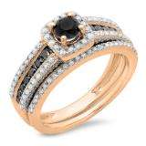 1.15 Carat (ctw) 18K Rose Gold Round White & Black Diamond Ladies Halo Style Bridal Engagement Ring With Matching Band Set