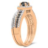1.15 Carat (ctw) 18K Rose Gold Round White & Black Diamond Ladies Halo Style Bridal Engagement Ring With Matching Band Set
