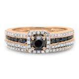 1.15 Carat (ctw) 18K Rose Gold Round White & Black Diamond Ladies Halo Style Bridal Engagement Ring With Matching Band Set