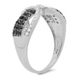 0.90 Carat (ctw) 10K White Gold Round Black & White Diamond Ladies Bypass Cocktail Right Hand Ring