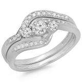 0.60 Carat (ctw) 14K White Gold Real Round Diamond Ladies Swirl Style Bridal 3 Stone Engagement Ring With Matching Band Set
