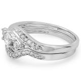 0.60 Carat (ctw) 14K White Gold Real Round Diamond Ladies Swirl Style Bridal 3 Stone Engagement Ring With Matching Band Set