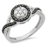 0.55 Carat (ctw) 10K White Gold Round White & Black Diamond Ladies Swirl Style Cluster Flower Engagement Ring