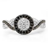 0.55 Carat (ctw) 10K White Gold Round White & Black Diamond Ladies Swirl Style Cluster Flower Engagement Ring