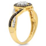 0.55 Carat (ctw) 14K Yellow Gold Round White & Black Diamond Ladies Swirl Style Cluster Flower Engagement Ring