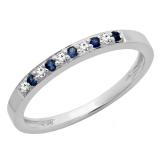 0.15 Carat (ctw) 10K White Gold Round Blue Sapphire & White Diamond Ladies Anniversary Wedding Band Stackable Ring