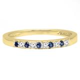 0.15 Carat (ctw) 18K Yellow Gold Round Blue Sapphire & White Diamond Ladies Anniversary Wedding Band Stackable Ring