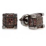 0.25 Carat (ctw) Black Rhodium Plated Sterling Silver Real Round Red Diamond Iced Mens Hip Hop Cube Dice Shape Stud Earrings 1/4 CT