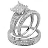 0.23 Carat (ctw) 10K White Gold Round White Diamond Men & Women's Micro Pave Engagement Ring Trio Bridal Set 1/4 CT
