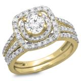 1.30 Carat (ctw) 10K Yellow Gold Round Cut Diamond Ladies Bridal Split Shank Halo Engagement Ring With Matching Band Set