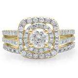 1.30 Carat (ctw) 10K Yellow Gold Round Cut Diamond Ladies Bridal Split Shank Halo Engagement Ring With Matching Band Set