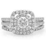 1.30 Carat (ctw) 14K White Gold Round Cut Diamond Ladies Bridal Split Shank Halo Engagement Ring With Matching Band Set