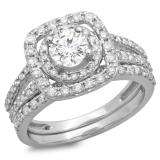 1.30 Carat (ctw) 18K White Gold Round Cut Diamond Ladies Bridal Split Shank Halo Engagement Ring With Matching Band Set