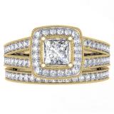 1.00 Carat (ctw) 10K Yellow Gold Princess & Round Cut Diamond Ladies Split Shank Halo Bridal Engagement Ring With Matching Band Set 1 CT