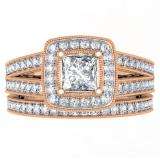1.00 Carat (ctw) 18K Rose Gold Princess & Round Cut Diamond Ladies Split Shank Halo Bridal Engagement Ring With Matching Band Set 1 CT