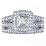 1.00 Carat (ctw) 18K White Gold Princess & Round Cut Diamond Ladies Split Shank Halo Bridal Engagement Ring With Matching Band Set 1 CT