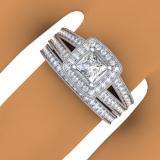 1.00 Carat (ctw) 18K White Gold Princess & Round Cut Diamond Ladies Split Shank Halo Bridal Engagement Ring With Matching Band Set 1 CT