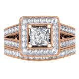 1.50 Carat (ctw) 10K Rose Gold Princess & Round Cut Diamond Ladies Split Shank Halo Bridal Engagement Ring With Matching Band Set 1 1/2 CT