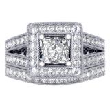 1.50 Carat (ctw) 10K White Gold Princess & Round Cut Diamond Ladies Split Shank Halo Bridal Engagement Ring With Matching Band Set 1 1/2 CT