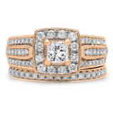 1.25 Carat (ctw) 14K Rose Gold Princess & Round Cut Diamond Ladies Halo Style Bridal Engagement Ring With Matching Band Set 1 1/4 CT