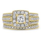 1.25 Carat (ctw) 14K Yellow Gold Princess & Round Cut Diamond Ladies Halo Style Bridal Engagement Ring With Matching Band Set 1 1/4 CT