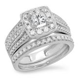1.25 Carat (ctw) 18K White Gold Princess & Round Cut Diamond Ladies Halo Style Bridal Engagement Ring With Matching Band Set 1 1/4 CT