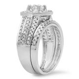 1.25 Carat (ctw) 18K White Gold Princess & Round Cut Diamond Ladies Halo Style Bridal Engagement Ring With Matching Band Set 1 1/4 CT