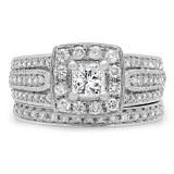 1.25 Carat (ctw) 18K White Gold Princess & Round Cut Diamond Ladies Halo Style Bridal Engagement Ring With Matching Band Set 1 1/4 CT