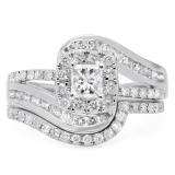 1.50 Carat (ctw) 14K White Gold Princess & Round Cut Diamond Ladies Split Shank Twisted Halo Bridal Engagement Ring With Matching Band Set 1 1/2 CT