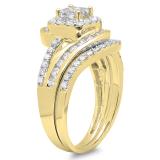1.50 Carat (ctw) 14K Yellow Gold Princess & Round Cut Diamond Ladies Split Shank Twisted Halo Bridal Engagement Ring With Matching Band Set 1 1/2 CT