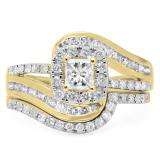 1.50 Carat (ctw) 14K Yellow Gold Princess & Round Cut Diamond Ladies Split Shank Twisted Halo Bridal Engagement Ring With Matching Band Set 1 1/2 CT