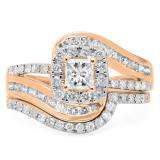 1.50 Carat (ctw) 18K Rose Gold Princess & Round Cut Diamond Ladies Split Shank Twisted Halo Bridal Engagement Ring With Matching Band Set 1 1/2 CT
