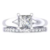 1.00 Carat (ctw) 18K White Gold Princess & Round Cut Diamond Ladies Bridal Solitaire Engagement Ring With Matching Band Set 1 CT