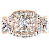 1.40 Carat (ctw) 18K Rose Gold Princess & Round Diamond Twisted Swirl Ladies Bridal Halo Engagement Ring Set